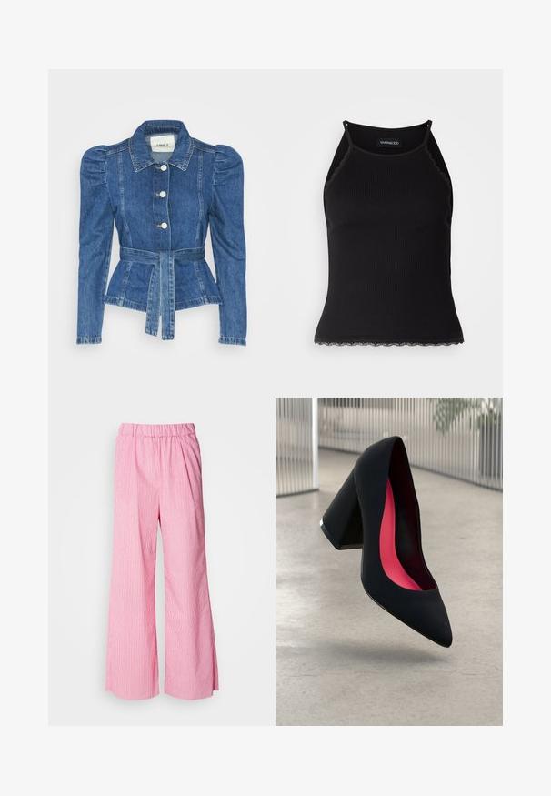 Denimo striukė su dirželiu liemens srityje, prigludusia forma ir pūstomis pečių dalimis. Vidutinio mėlynumo spalva, struktūrizuotas dizainas ir priekiniai mygtukų užsegimai.; Juodas raštuotas marškinėlis be rankovių su banginiu nėriniu apdaila apatine dalimi. Savybės: plonos petnešos ir prigludusi forma. Pagaminta iš tamprios medžiagos.; Rožinės plačios kelnės su vertikaliomis baltomis juostelėmis, elastinga juosmeniu, lengvos medžiagos ir laisvos formos, užtikrinančios komfortą.; Juoda aukštakulnė bateliai su aštriu priekeliu ir tekstūruotu viršumi. Viduje ryškiai rožinė pamušalas. Kvadratinis kulnas su metaliniu akcentu pado pagrinde.