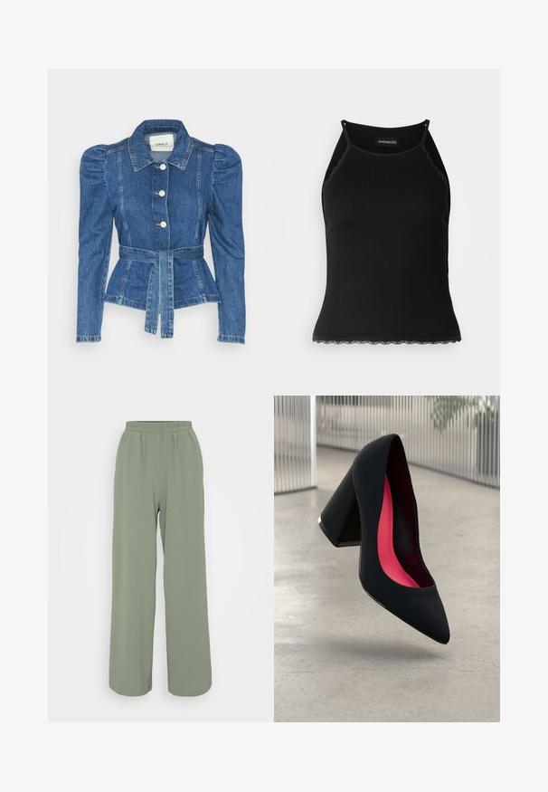Jeansjacke mit tailliertem Schnitt, fitted Oberteil und gepufften Schultern. Mittelblaue Farbe, strukturierte Form und Frontknopfverschlüsse.; Schwarzes, geripptes Tanktop mit gewellten Spitzenabschluss am Saum. Mit dünnen Trägern und einer figurbetonten Passform. Hergestellt aus dehnbarem Material.; Hellgrüne, weite Hose mit elastischem Bund, aus einem strukturierten Stoff gefertigt. Zeigt sanftes Drapieren und eine lockere Passform.; Schwarzer High-Heel-Schuh mit spitzer Kappe und strukturierter Oberseite. Innenfutter in leuchtendem Pink. Quadratischer Absatz mit metallischem Akzent an der Basis.