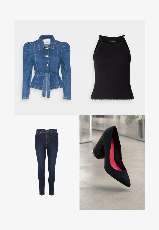 Džinsu jaka ar jostas vidukli, pieguļošu augšdaļu un pūšām plecu daļām. Vidēji zila krāsa, strukturēts dizains un priekšējie pogu aizdarījumi.; Melna ribota topiņa ar izšūtu mežģīņu apdari apakšmalā. Iezīmē plānas siksniņas un pielāgotu piegriezumu. Izgatavota no stiepjama auduma.; Kaffe WILLOW - Pieguloša piegriezuma džinsi - dark blue denim; Melna augsta papēža kurpe ar smailu purngalu, teksturētu virsmu un dzīvespriecīgu rozā interjeru. Satur masīlu papēdi ar sudraba akcentu.