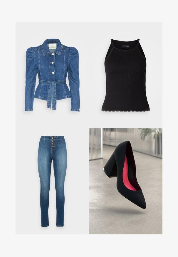 Traper jakna s pojasom u struku, prilagođenim tijelom i nabranim ramenima. Srednje plava boja, strukturirani dizajn i prednje kopčanje na tipke.; Crna ženska majica bez rukava s rebrastim uzorkom i čipkastim obrubom na donjem dijelu. Ima tanke naramenice i prilagođen dizajn. Izrađena od rastezljivog materijala.; Traperice visokog struka u plavoj boji s uskim krojem, zatvaranje na pet dugmadi i blago izblijedjeli dio na bedrima. Klasičan dizajn s pet džepova.; Crna cipele na visoku petu sa špicastim vrhom i teksturiranim gornjim dijelom. Unutrašnjost s jarko ružičastim podstavom. Kvadratna peta s metalnim detaljem na bazi.