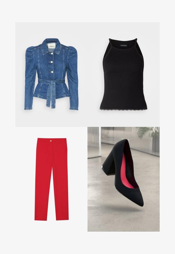Traper jakna s pojasom u struku, prilagođenim tijelom i nabranim ramenima. Srednje plava boja, strukturirani dizajn i prednje kopčanje na tipke.; Crna ženska majica bez rukava s rebrastim uzorkom i čipkastim obrubom na donjem dijelu. Ima tanke naramenice i prilagođen dizajn. Izrađena od rastezljivog materijala.; Crvene hlače ravnog kroja s ravnim nogavicama, ravnim prednjim dijelom, zatvaranjem na jedan gumb i dva bočna džepa. Glatka tkanina bez vidljivih uzoraka ili naglasaka.; Crna visoka potpetica s oštrim vrhom, teksturiranom površinom i živopisnom ružičastom unutrašnjošću. Ima masivnu potpeticu s srebrnim detaljem.