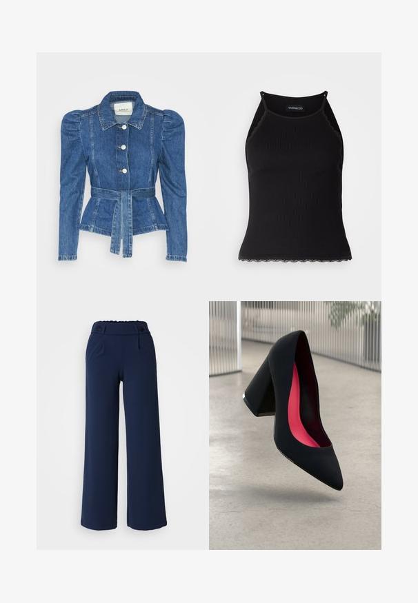 Džinsu jaka ar jostas vidukli, pieguļošu augšdaļu un pūšām plecu daļām. Vidēji zila krāsa, strukturēts dizains un priekšējie pogu aizdarījumi.; Melna ribota topiņa ar izšūtu mežģīņu apdari apakšmalā. Iezīmē plānas siksniņas un pielāgotu piegriezumu. Izgatavota no stiepjama auduma.; Navy krāsu platās kājas bikses, kas izgatavotas no mīksta auduma; pieejamas ar gludu priekšpusi, divām sānu kabatām un dubultu pogu aizdari jostasvietā.; Melna augsta papēža kurpe ar smailu purngalu, teksturētu virsmu un dzīvespriecīgu rozā interjeru. Satur masīlu papēdi ar sudraba akcentu.