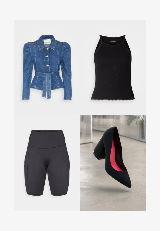 Spijkerjack met een ceintuur in de taille, een getailleerd lijfje en pofmouwen. Middelblauwe kleur, gestructureerd ontwerp en knoopsluitingen aan de voorkant.; Zwarte geribbelde tanktop met een scallooped kanten rand aan de onderkant. Heeft dunne bandjes en een aansluitend ontwerp. Gemaakt van rekbare stof.; Zwarte high-waisted fietsbroekjes gemaakt van rekbaar materiaal, met één zijzak, een gladde textuur en platte naden voor comfort.; Zwarte hoge hak met een spitse neus, textuur op het oppervlak en een opvallend roze interieur. Beschikt over een chunky hak met zilveren accent.