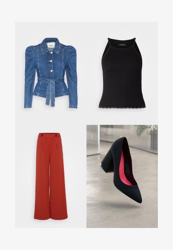 Denim jacket with a belted waist, fitted bodice, and puffed shoulders. Medium blue color, structured design, and front button closures.; Black ribbed tank top with scalloped lace trim at the hem. Features thin straps and a fitted design. Made from stretchable fabric.; Wide-leg trousers in a deep reddish-orange fabric. Features two front pleats and two buttons on the waistband. Smooth texture, casual design.; Black high heel shoe with a pointed toe, textured surface, and a vibrant pink interior. Features a chunky heel with silver accent.