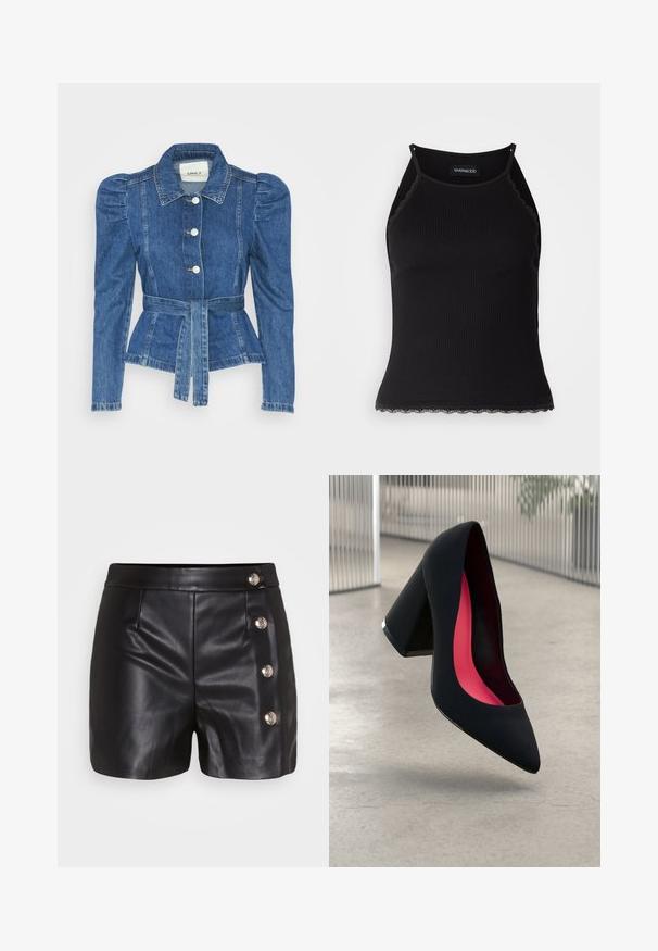 Jeansjacka med midjebälte, åtsittande liv och puffiga axlar. Mellanblå färg, strukturerad design och knäppning fram.; Svart ribbad linne med scallop-mönstrad spetskant i nederkant. Har tunna axelband och en figurnära design. Tillverkad av elastiskt tyg.; Svarta lädershorts med en jämn textur, utrustade med fyra silverknappdekorationer på högra sidan och två framfickor.; Svart högklackad sko med spetsig tå, texturerad yta och en livlig rosa inredning. Har en kraftig klack med silverdetaljer.