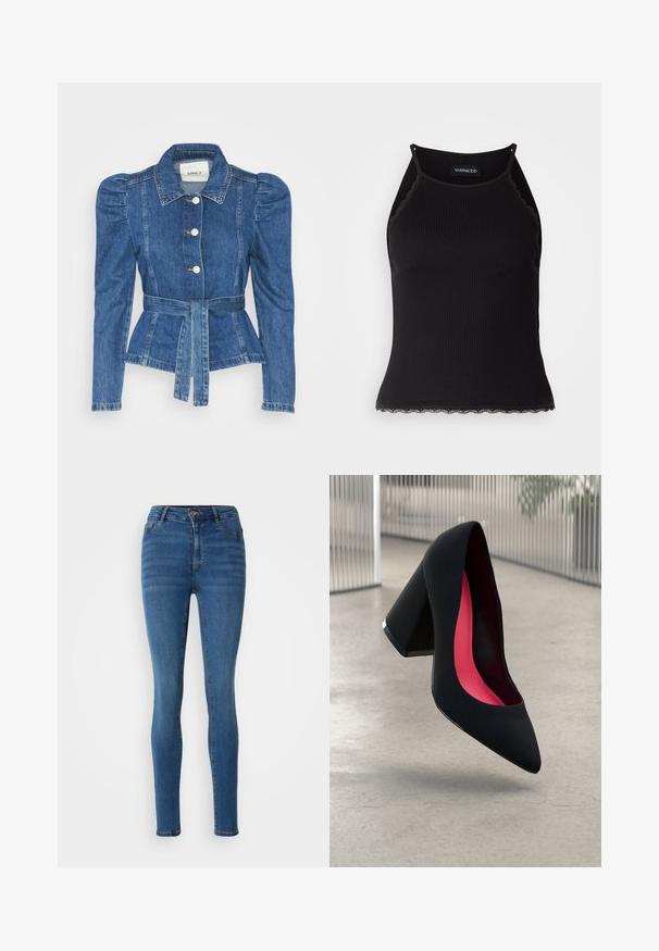Jeansjacka med midjebälte, åtsittande liv och puffiga axlar. Mellanblå färg, strukturerad design och knäppning fram.; Svart ribbad linne med scallop-mönstrad spetskant i nederkant. Har tunna axelband och en figurnära design. Tillverkad av elastiskt tyg.; Smala jeans i medelblå denim, med hög midja, framfickor och subtila slitningar. Sömmar i en kontrasterande guldton.; Svart högklackad sko med spetsig tå, texturerad yta och en livlig rosa inredning. Har en kraftig klack med silverdetaljer.