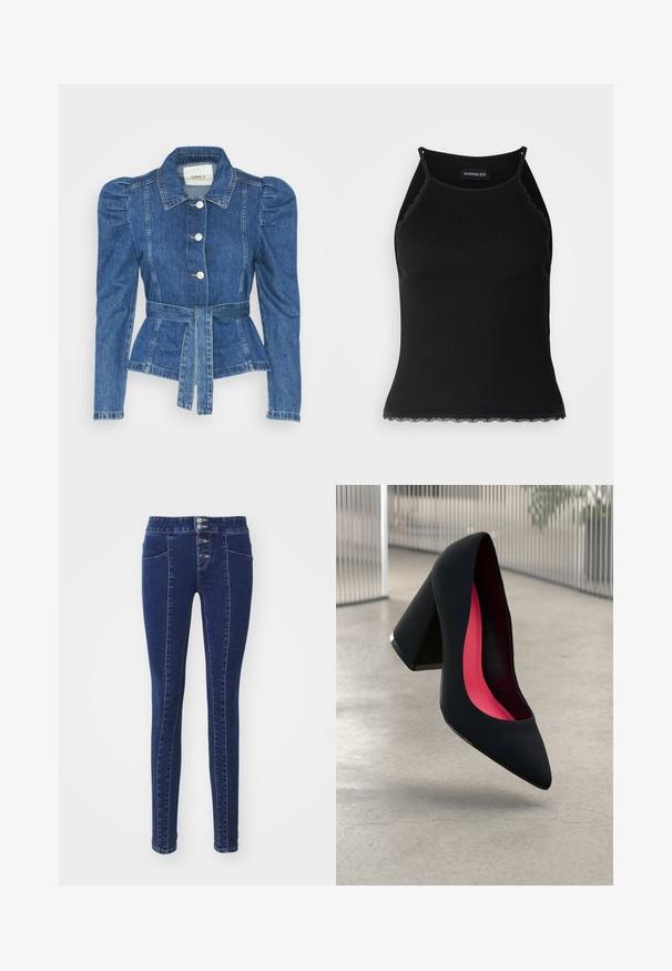 Denimiga jope, mille vöökoht on reguleeritav, kehaosa on kitsas ja õlavarred on puhvaariga. Keskmise sinise värvusega, struktureeritud disain ja ees nupulukud.; Must mustriba top musta servadega äärega. Omab peeneid rihmu ja istuvat disaini. Valmistatud venivast kangast.; Tumed sinised teksad, millel on kõrge vöökoht, viie nupuga sulgemine, kaks eesmist taskut ja slim fit disain. Sile tekstuur.; Mustad must kõrged kontsad, terava ninaga, tekstuurse pinnaga ning erksa roosa sisemusega. Omab paksu kontsa koos hõbedase aktsendiga.