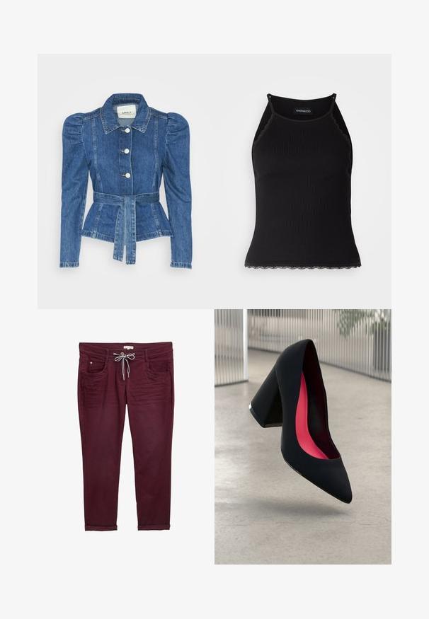 Denim jacket with a belted waist, fitted bodice, and puffed shoulders. Medium blue color, structured design, and front button closures.; Black ribbed tank top with scalloped lace trim at the hem. Features thin straps and a fitted design. Made from stretchable fabric.; Burgundy pants with a drawstring waist, front pockets, and rolled cuffs. Made from soft fabric with a smooth texture and subtle seam details.; Black high heel shoe with a pointed toe, textured surface, and a vibrant pink interior. Features a chunky heel with silver accent.