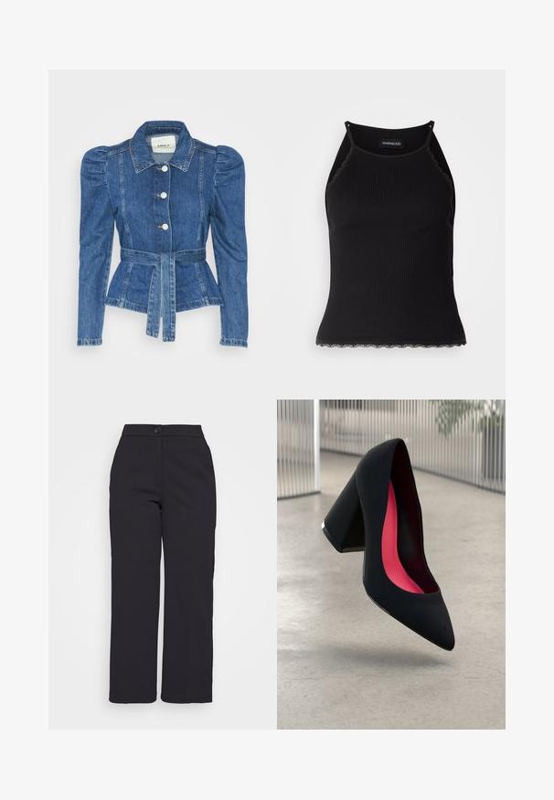 Traper jakna s pojasom u struku, prilagođenim tijelom i nabranim ramenima. Srednje plava boja, strukturirani dizajn i prednje kopčanje na tipke.; Crna ženska majica bez rukava s rebrastim uzorkom i čipkastim obrubom na donjem dijelu. Ima tanke naramenice i prilagođen dizajn. Izrađena od rastezljivog materijala.; Crne široke hlače od glatkog materijala, s kopčanjem na dugme i čistim, krojenim dizajnom bez vidljivih džepova.; Crna visoka potpetica s oštrim vrhom, teksturiranom površinom i živopisnom ružičastom unutrašnjošću. Ima masivnu potpeticu s srebrnim detaljem.