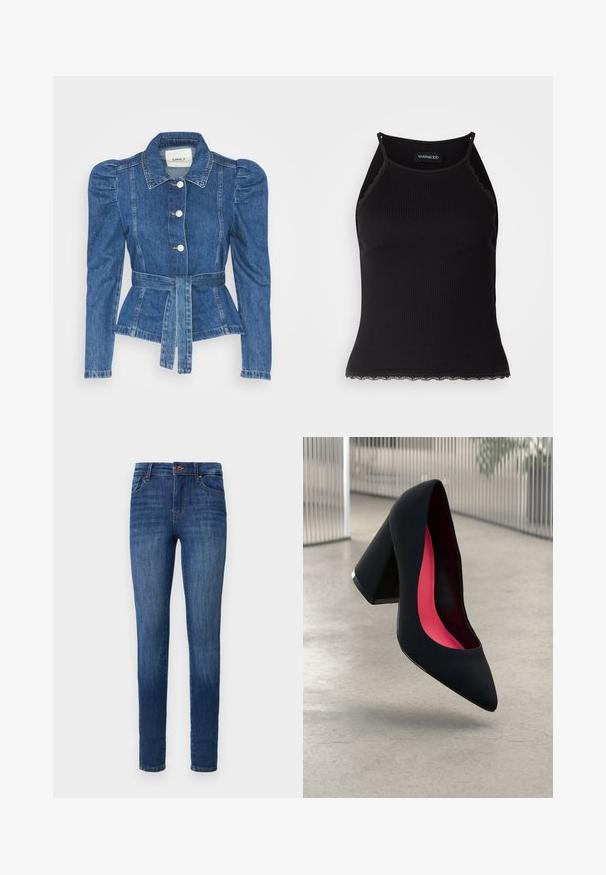 Džinsu jaka ar jostas vidukli, pieguļošu augšdaļu un pūšām plecu daļām. Vidēji zila krāsa, strukturēts dizains un priekšējie pogu aizdarījumi.; Melna ribota topiņa ar izšūtu mežģīņu apdari apakšmalā. Iezīmē plānas siksniņas un pielāgotu piegriezumu. Izgatavota no stiepjama auduma.; Slaidas piegriezuma zilās džinsu bikses ar klasisko piecu kabatu dizainu un pogu aizdari, rādītas pret baltu fona.; Melna augsta papēža kurpe ar smailu purngalu, teksturētu virsmu un dzīvespriecīgu rozā interjeru. Satur masīlu papēdi ar sudraba akcentu.