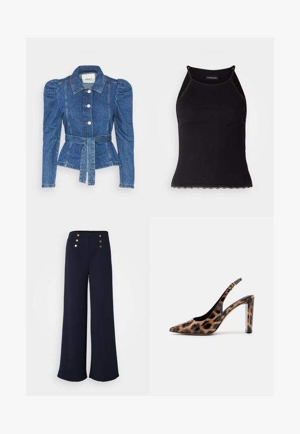 Denim jacket with a belted waist, fitted bodice, and puffed shoulders. Medium blue color, structured design, and front button closures.; Black ribbed tank top with scalloped lace trim at the hem. Features thin straps and a fitted design. Made from stretchable fabric.; Navy wide-leg trousers made of smooth fabric, featuring four gold-tone button accents at the high-rise waistband.; Leopard print slingback pump with a pointed toe and transparent block heel. Made of glossy material with a smooth texture.