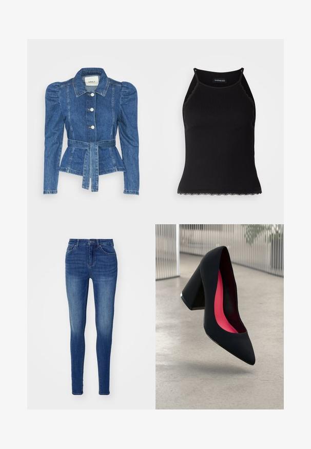 Jeansjakke med belte i midjen, tettsittende midje og puffede skuldre. Medium blå farge, strukturert design og frontknapper.; Svart ribbet tanktopp med scallop lace detaljer i kanten. Har tynne stropper og en kroppsnær design. Laget av elastisk stoff.; Blå denim skinny jeans med en glatt tekstur, fem-lommes design og knappelukking. Har falmende områder for et brukt utseende.; Svart høye hæler med spiss tå, teksturert overflate og en livlig rosa innside. Har en kraftig hæl med sølvdetaljer.
