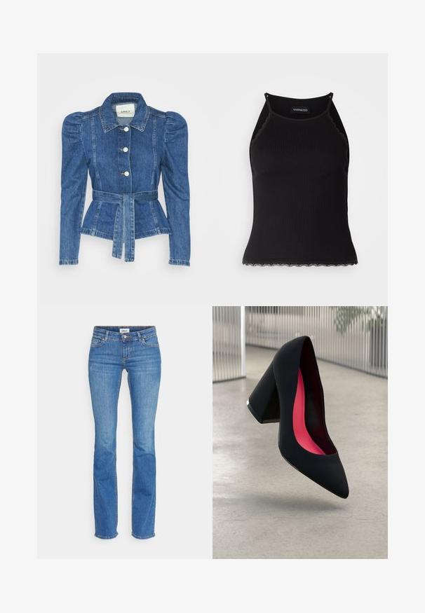 Jeansowa kurtka z pasem w talii, dopasowaną górą i bufiaste ramiona. Średni niebieski kolor, usztywniony fason oraz zapięcie na guziki z przodu.; Czarny ribbed top na ramiączkach z falbaniastym koronkowym wykończeniem u dołu. Posiada cienkie ramiączka i dopasowany krój. Wykonany z rozciągliwego materiału.; Niebieskie dżinsy o slim fit, wykonane z materiału denim. Ce features to średni stan, klasyczny pięciokieszeniowy fason i subtelne odbarwienia.; Czarna szpilka o spiczastym nosie, z teksturowaną powierzchnią i intensywnie różowym wnętrzem. Posiada masywny obcas z srebrnym akcentem.