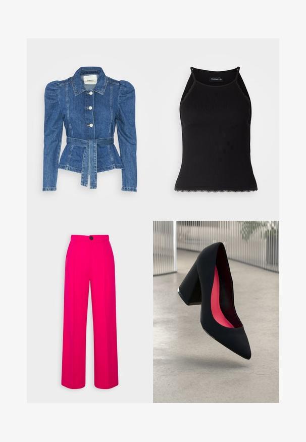 Spijkerjack met een ceintuur in de taille, een getailleerd lijfje en pofmouwen. Middelblauwe kleur, gestructureerd ontwerp en knoopsluitingen aan de voorkant.; Zwarte geribbelde tanktop met een scallooped kanten rand aan de onderkant. Heeft dunne bandjes en een aansluitend ontwerp. Gemaakt van rekbare stof.; Fuchsia wijde broek met een hoge taille, voorplooien en een enkele zwarte knoopsluiting. Effen textuur en op maat gemaakt ontwerp.; Zwarte hoge hak met een spitse neus, textuur op het oppervlak en een opvallend roze interieur. Beschikt over een chunky hak met zilveren accent.
