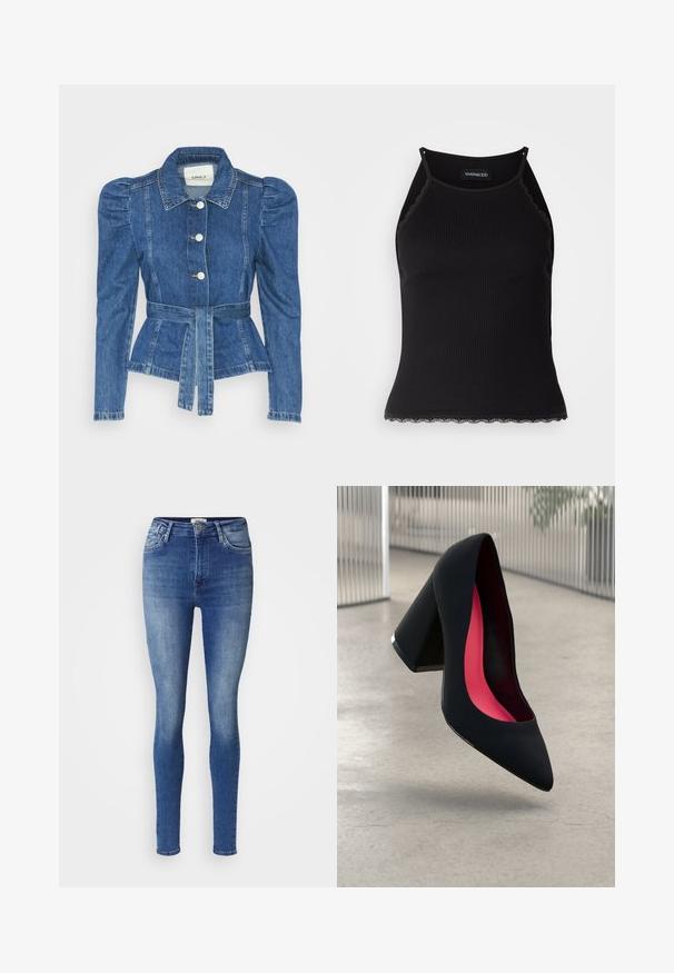 Casaco de ganga com cintura ajustada, corpete justo e ombros bufantes. Cor azul média, design estruturado e fecho frontal por botões.; T-shirt sem mangas preto com acabamento em renda frisada na barra. Apresenta alças finas e um design justo. Feito de um tecido elástico.; Jeans skinny em denim azul médio com um acabamento desbotado. Apresenta um design clássico de cinco bolsos e uma cintura de altura média.; Sapato de salto alto preto com bico puntiagudo, superfície texturizada e um interior vibrante em rosa. Apresenta um salto grosso com detalhe em prata.
