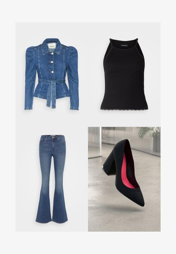 Jachetă din denim cu talie cu curea, bust ajustat și umeri bufanți. Culoare albastră medie, design structurat și închidere cu nasturi în față.; Top de bumbac negru cu nervuri, cu dantelă ondulată la margine. Are bretele subțiri și un design ajustat. Fabricat din material elastic.; Jeans din denim albastru cu talie înaltă, evazate, având cinci buzunare, închidere cu buton în față și un finisaj ușor decolorat la coapse.; Cămașă cu toc înalt, neagră, cu vârful ascuțit, suprafață texturată și interior de un roz vibrant. Dispune de un toc gros cu accent argintiu.