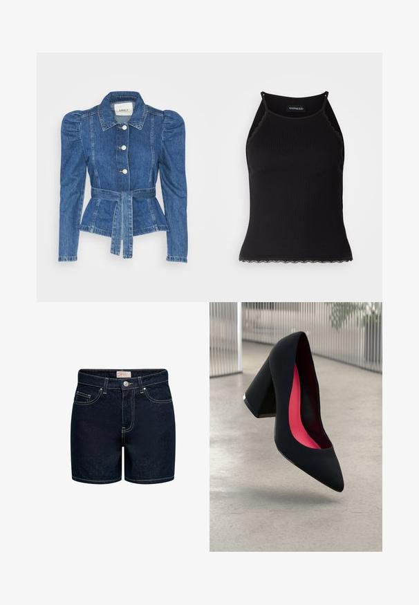 Džinsu jaka ar jostas vidukli, pieguļošu augšdaļu un pūšām plecu daļām. Vidēji zila krāsa, strukturēts dizains un priekšējie pogu aizdarījumi.; Melna ribota topiņa ar izšūtu mežģīņu apdari apakšmalā. Iezīmē plānas siksniņas un pielāgotu piegriezumu. Izgatavota no stiepjama auduma.; Tumši zili džinsu šorti ar izteiktu siluetu, piecām kabatām, zelta štepiem un priekšējo pogu aizdari. Materiāls ir gludas tekstūras.; Melna augsta papēža kurpe ar smailu purngalu, teksturētu virsmu un dzīvespriecīgu rozā interjeru. Satur masīlu papēdi ar sudraba akcentu.
