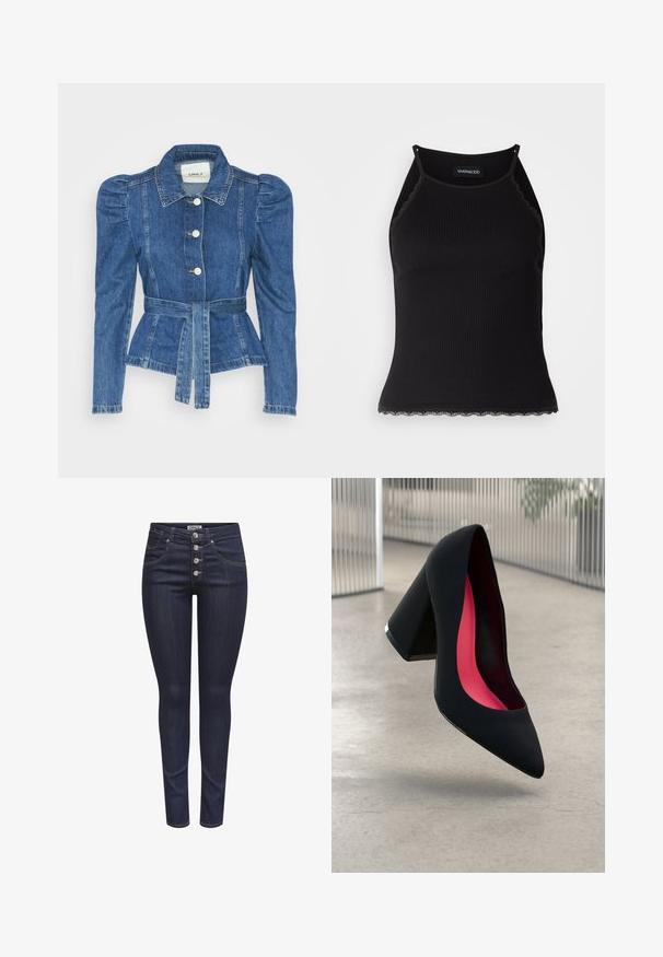 Denim jacket with a belted waist, fitted bodice, and puffed shoulders. Medium blue color, structured design, and front button closures.; Black ribbed tank top with scalloped lace trim at the hem. Features thin straps and a fitted design. Made from stretchable fabric.; Dark blue skinny jeans made of denim. Features five button front closure, front pockets, and a form-fitting design with slight stretch.; Black high-heeled shoe with a pointed toe and a textured upper. Interior features bright pink lining. Square heel with metallic accent at the base.