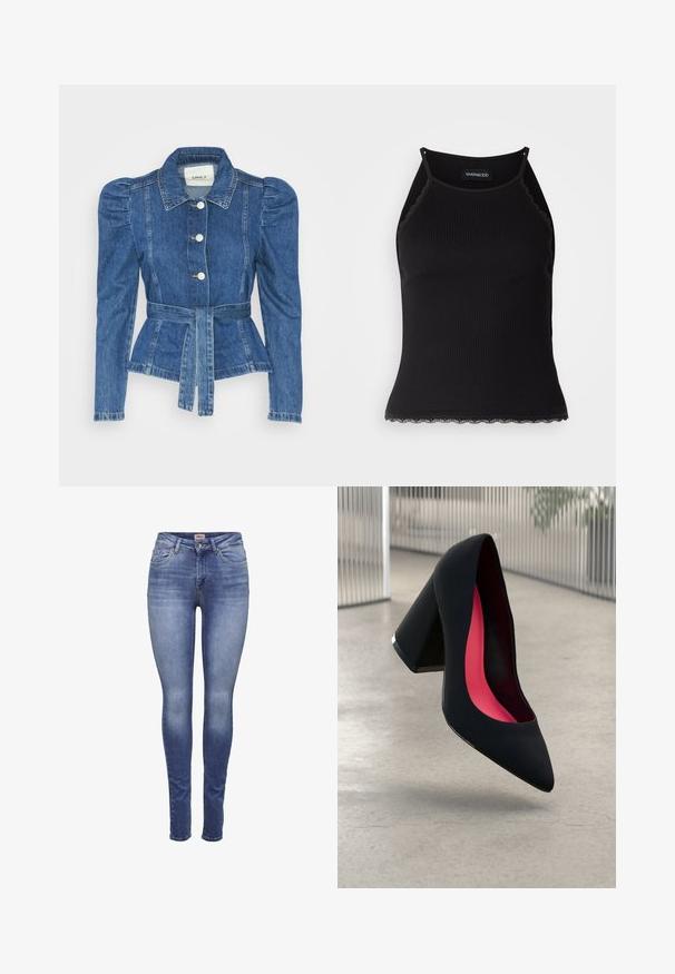 Chaqueta de mezclilla con cintura ceñida, cuerpo ajustado y hombros abullonados. Color azul medio, diseño estructurado y cierres frontales de botones.; Top de tanque negro con ribetes acanalados y borde de encaje con volantes en el dobladillo. Presenta tirantes finos y un diseño ajustado. Fabricado en tejido elástico.; Jeans ajustados de mujer en azul con lavado desvanecido, bolsillos frontales, cierre de botón y trabillas para cinturón.; Zapato de tacón alto negro con puntera afilada, superficie texturizada y un interior de un rosa vibrante. Presenta un tacón grueso con un acento plateado.