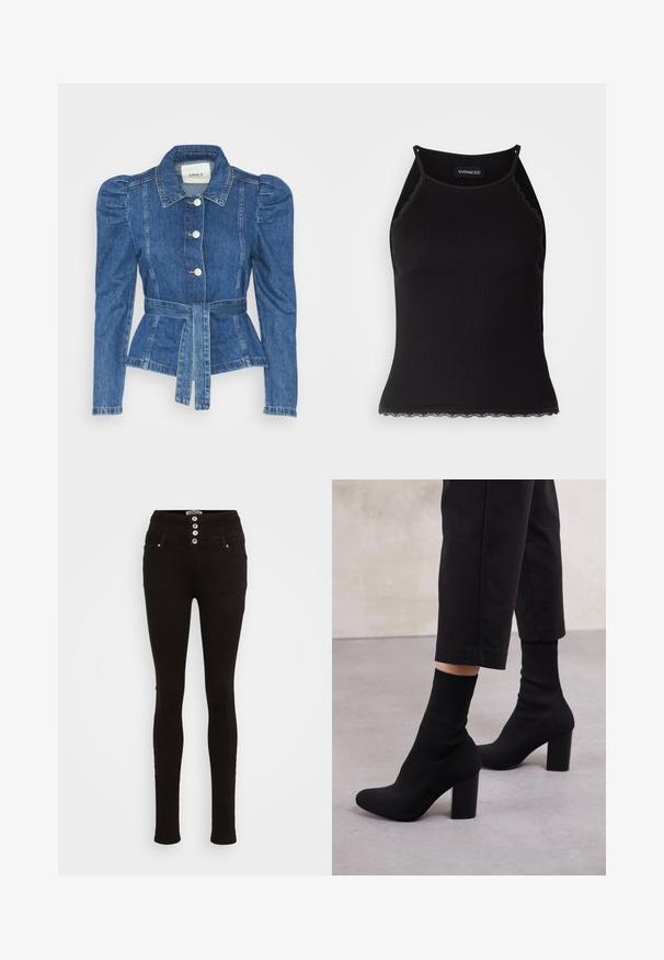 Casaco de ganga com cintura ajustada, corpete justo e ombros bufantes. Cor azul média, design estruturado e fecho frontal por botões.; T-shirt sem mangas preto com acabamento em renda frisada na barra. Apresenta alças finas e um design justo. Feito de um tecido elástico.; Jeans pretos com um design de cintura alta, frente com cinco botões e quatro bolsos, feitos de denim elástico para conforto.; Botas de tornozelo pretas com salto, com um cabedal tipo meia estriado, superfície lisa, bico arredondado e um salto bloco para estabilidade.