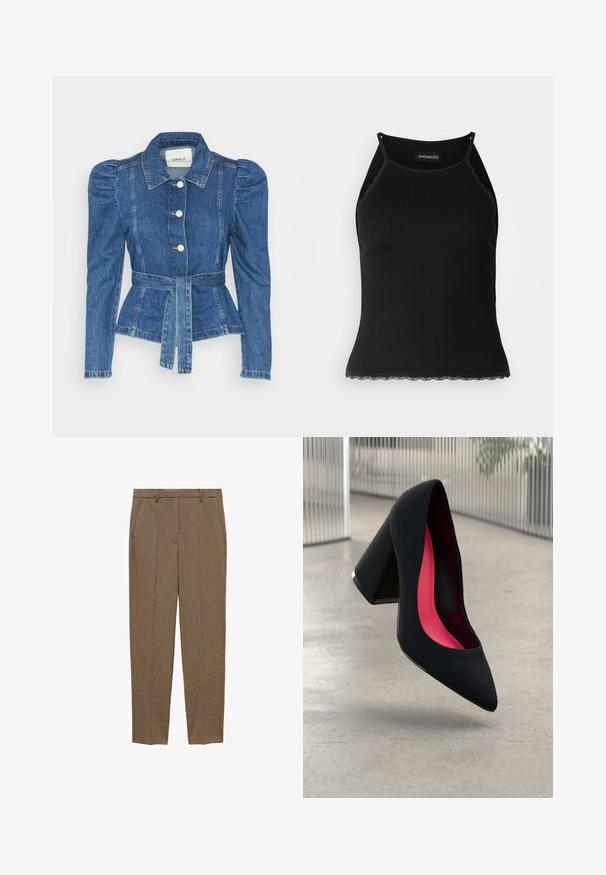 Denim jacket with a belted waist, fitted bodice, and puffed shoulders. Medium blue color, structured design, and front button closures.; Black ribbed tank top with scalloped lace trim at the hem. Features thin straps and a fitted design. Made from stretchable fabric.; Brown checkered trousers with a tailored fit, featuring a flat front, side pockets, and a smooth texture. Classic design for versatile styling.; Black high heel shoe with a pointed toe, textured surface, and a vibrant pink interior. Features a chunky heel with silver accent.