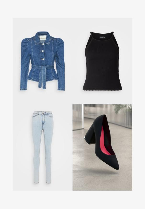 Casaco de ganga com cintura ajustada, corpete justo e ombros bufantes. Cor azul média, design estruturado e fecho frontal por botões.; T-shirt sem mangas preto com acabamento em renda frisada na barra. Apresenta alças finas e um design justo. Feito de um tecido elástico.; Jeans skinny de cintura alta em azul claro, com botão e fecho à frente, bolsos frontais e traseiros, exibidos sobre um fundo branco.; Sapato de salto alto preto com bico puntiagudo, superfície texturizada e um interior vibrante em rosa. Apresenta um salto grosso com detalhe em prata.
