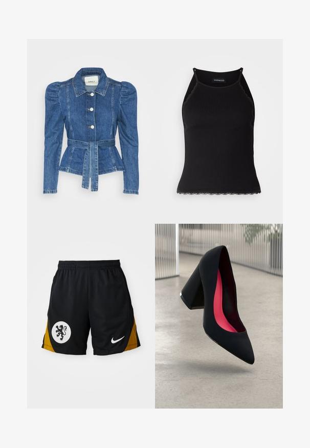 Giacca in denim con vita cintrata, corpino aderente e spalle imbottite. Colore blu medio, design strutturato e chiusura frontale con bottoni.; Top in maglia nera a coste con bordo in pizzo ondulato all'orlo. Presenta spalline sottili e un design aderente. Realizzato in tessuto elasticizzato.; Pantaloni sportivi neri con un pannello di accento giallo, un emblema circolare bianco con un leone nero e un logo Nike bianco sull'orlo.; Scarpa con tacco alto nera, con punta affusolata, superficie testurizzata e un vivace interno rosa. Presenta un tacco spesso con un accento argentato.