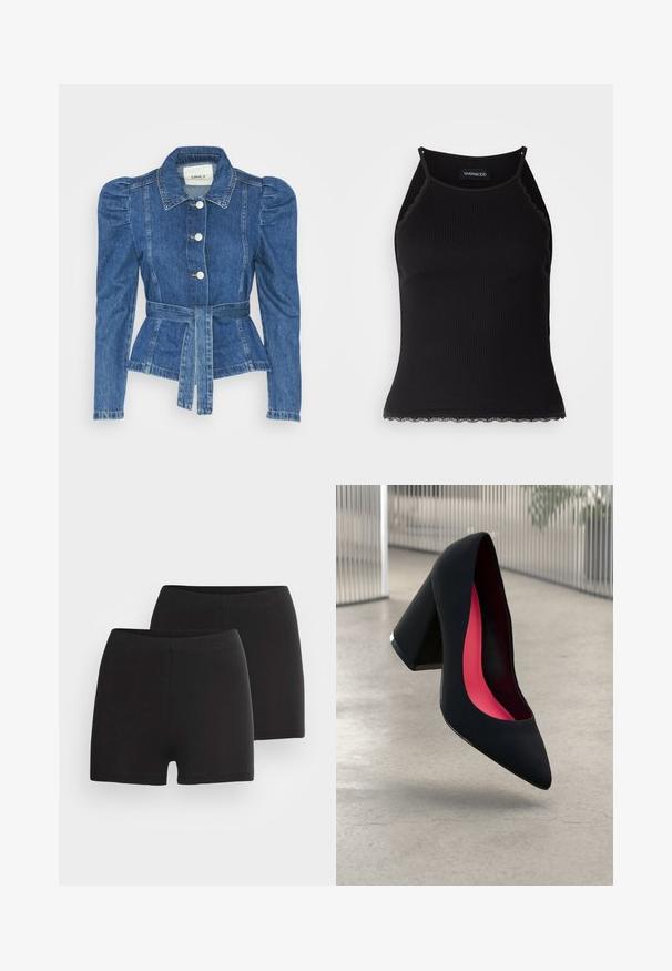 Riposso takki, jossa on vyöllinen vyötärö, istuva vartalo ja puffatut olkapäät. Keskisininen väri, rakenteellinen muotoilu ja etupainetut napit.; Mustan ribbitoppi, jonka helman reunassa on aaltoileva pitsi. Ominaisuuksina ohuet hihnat ja tiukka malli. Valmistettu joustavasta kankaasta.; Mustat puuvillashortsit, joissa on sileä pinta, leveä elastinen vyötärö ja muotoiltu malli. Näytetään kaksi paria.; Musta korkokenkä, jossa on terävä kärki, teksturoitu pinta ja kirkkaan vaaleanpunainen sisus. Varustettu tukevalla kannalla, jossa on hopeinen yksityiskohta.