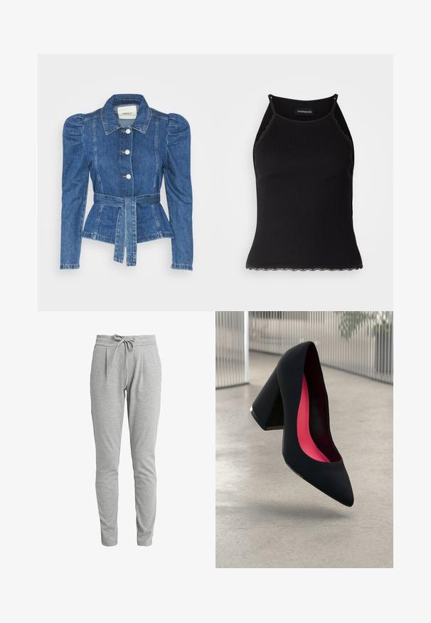 Spijkerjack met een ceintuur in de taille, een getailleerd lijfje en pofmouwen. Middelblauwe kleur, gestructureerd ontwerp en knoopsluitingen aan de voorkant.; Zwarte geribbelde tanktop met een scallooped kanten rand aan de onderkant. Heeft dunne bandjes en een aansluitend ontwerp. Gemaakt van rekbare stof.; Grijze joggingsbroek van zacht materiaal, met een elastische tailleband en een koord, en twee voorkruiszakken voor gemak.; Zwarte hoge hak met een spitse neus, textuur op het oppervlak en een opvallend roze interieur. Beschikt over een chunky hak met zilveren accent.