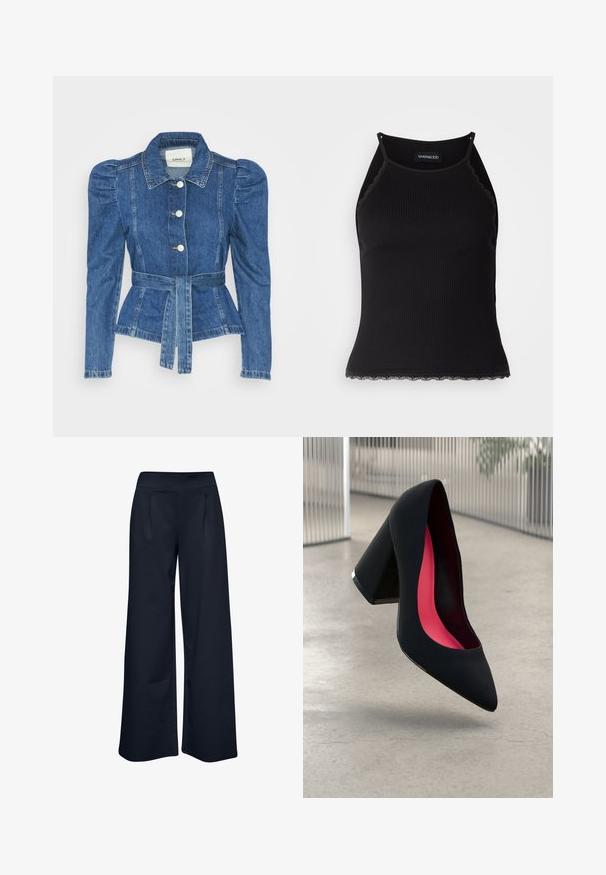 Jeansowa kurtka z pasem w talii, dopasowaną górą i bufiaste ramiona. Średni niebieski kolor, usztywniony fason oraz zapięcie na guziki z przodu.; Czarny ribbed top na ramiączkach z falbaniastym koronkowym wykończeniem u dołu. Posiada cienkie ramiączka i dopasowany krój. Wykonany z rozciągliwego materiału.; Spodnie o szerokich nogawkach wykonane z elastycznej granatowej tkaniny, z gładkim paskiem w talii i dwiema przednimi kieszeniami, o luźnym kroju i pełnej długości.; Czarna szpilka o spiczastym nosie, z teksturowaną powierzchnią i intensywnie różowym wnętrzem. Posiada masywny obcas z srebrnym akcentem.