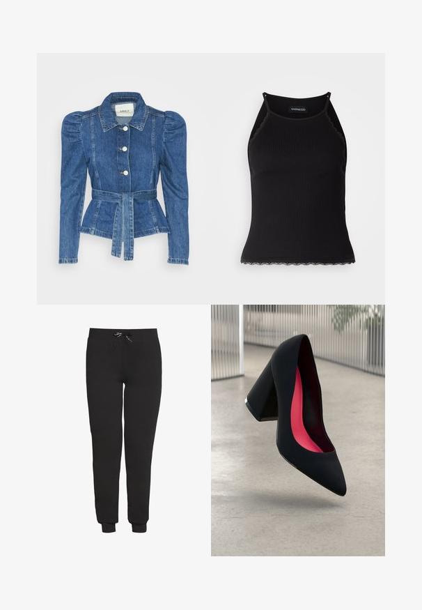 Spijkerjack met een ceintuur in de taille, een getailleerd lijfje en pofmouwen. Middelblauwe kleur, gestructureerd ontwerp en knoopsluitingen aan de voorkant.; Zwarte geribbelde tanktop met een scallooped kanten rand aan de onderkant. Heeft dunne bandjes en een aansluitend ontwerp. Gemaakt van rekbare stof.; Zwarte sweatpants van een katoenmix, met een verstelbare drawstring tailleband en geribde manchetten. Eenvoudig ontwerp zonder patronen.; Zwarte hoge hak met een spitse neus, textuur op het oppervlak en een opvallend roze interieur. Beschikt over een chunky hak met zilveren accent.