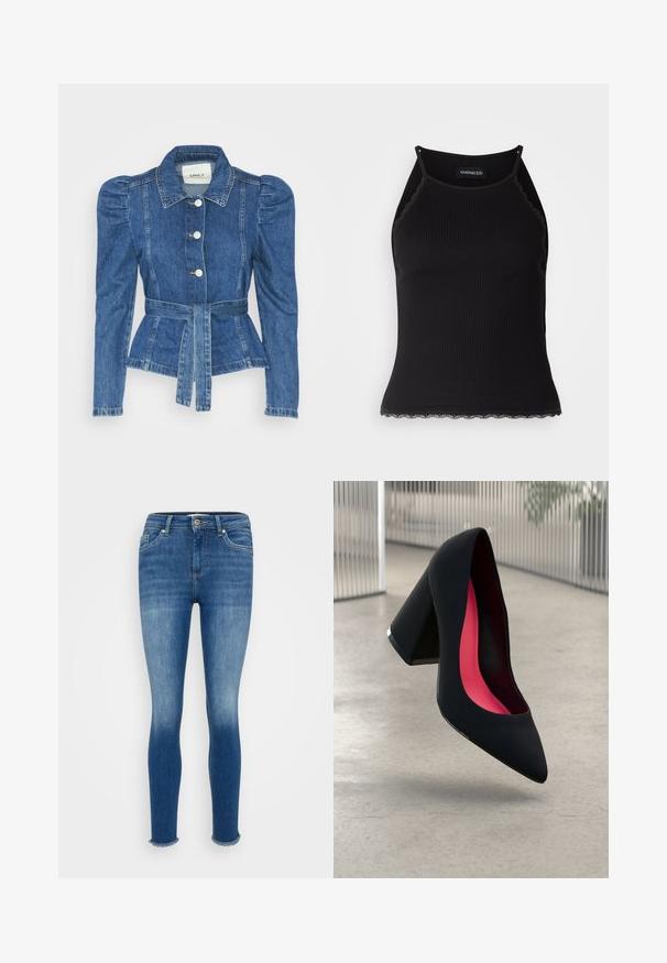Džinsu jaka ar jostas vidukli, pieguļošu augšdaļu un pūšām plecu daļām. Vidēji zila krāsa, strukturēts dizains un priekšējie pogu aizdarījumi.; Melna ribota topiņa ar izšūtu mežģīņu apdari apakšmalā. Iezīmē plānas siksniņas un pielāgotu piegriezumu. Izgatavota no stiepjama auduma.; Šauri zili džinsi ar nelielu izbalējumu uz augšstilbiem un neapstrādātām, plīstām apakšmalām, ar priekšējām kabatām un pogu aizdari.; Melna augsta papēža kurpe ar smailu purngalu, teksturētu virsmu un dzīvespriecīgu rozā interjeru. Satur masīlu papēdi ar sudraba akcentu.