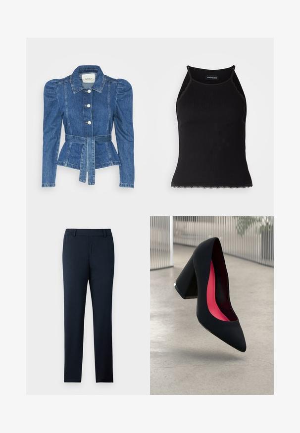 Giacca in denim con vita cintrata, corpino aderente e spalle imbottite. Colore blu medio, design strutturato e chiusura frontale con bottoni.; Top in maglia nera a coste con bordo in pizzo ondulato all'orlo. Presenta spalline sottili e un design aderente. Realizzato in tessuto elasticizzato.; Pantaloni blu navy realizzati in un morbido tessuto elasticizzato. Presentano una vita piatta, passanti per la cintura e un design slim con gamba affusolata.; Scarpa nera con tacco alto, punta affilata e tomaia texture. Interno con fodera rosa acceso. Tacco quadrato con accento metallico alla base.