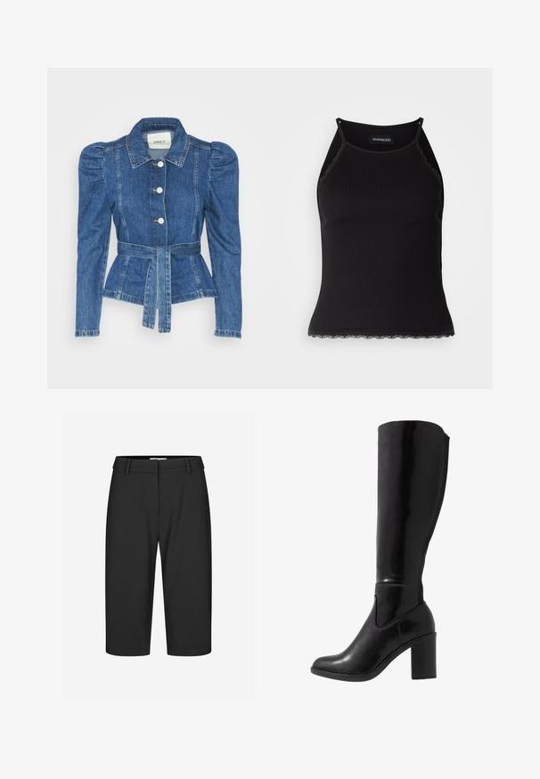 Traper jakna s pojasom u struku, prilagođenim tijelom i nabranim ramenima. Srednje plava boja, strukturirani dizajn i prednje kopčanje na tipke.; Crna ženska majica bez rukava s rebrastim uzorkom i čipkastim obrubom na donjem dijelu. Ima tanke naramenice i prilagođen dizajn. Izrađena od rastezljivog materijala.; Crne krojene bermuda kratke hlače, glatki materijal, srednji struk, jedan nabirak sprijeda, bez vidljivih džepova, pojačani rub, strukturirani dizajn.; Crne čizme sa visokom potkoljenicom, sjajne, s potpeticom, okruglim prstom, glatkom teksturom, bočnim izrezom i debelim složenim potpeticama.