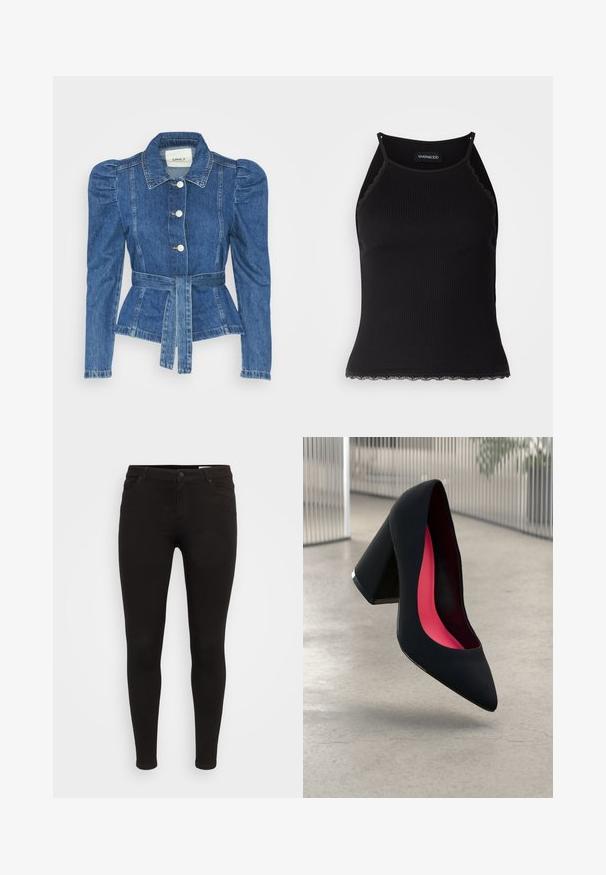 Farmer dzseki övvel a deréknál, testhez simuló fazon és puffos vállakkal. Középkék szín, struktúrált kialakítás és elöl gombos záródás.; Fekete bordázott ujjatlan felső, csipkés, fodros szegéllyel az alján. Vékony pántokkal és testhez simuló kialakítással rendelkezik. Stretch anyagból készült.; Fekete, skinny szabású farmernadrág, rugalmas pamut denimből készült, klasszikus öt zsebes kialakítással és gombos záródással.; Fekete magassarkú cipő hegyes orral, textúrált felülettel és élénk rózsaszín béléssel. Vastag sarokkal rendelkezik, ezüst kiegészítővel.