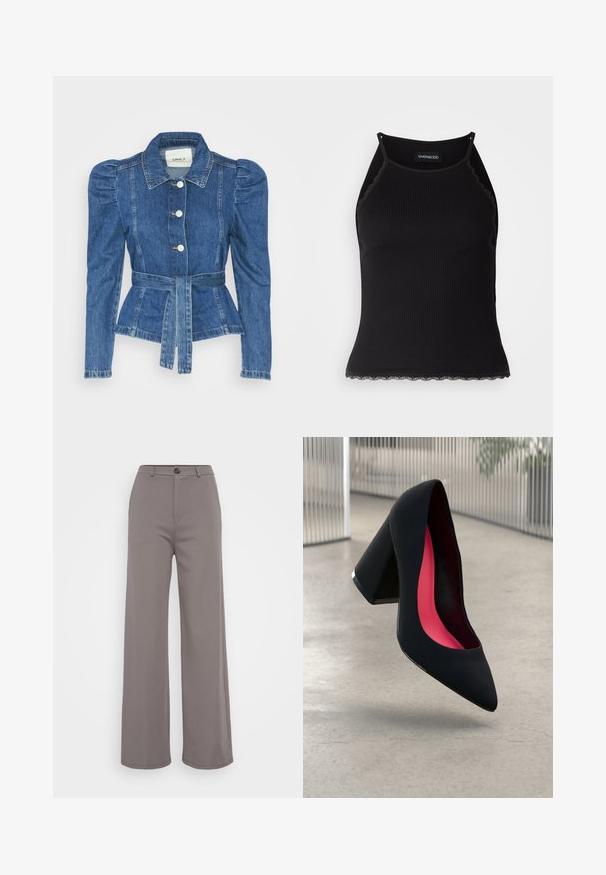 Jeansowa kurtka z pasem w talii, dopasowaną górą i bufiaste ramiona. Średni niebieski kolor, usztywniony fason oraz zapięcie na guziki z przodu.; Czarny ribbed top na ramiączkach z falbaniastym koronkowym wykończeniem u dołu. Posiada cienkie ramiączka i dopasowany krój. Wykonany z rozciągliwego materiału.; Spodnie szerokie w miękkim szarym materiale. Posiadają zapięcie na guzik i czyste szwy. Gładka faktura bez widocznych wzorów czy ozdób.; Czarna szpilka o spiczastym nosie, z teksturowaną powierzchnią i intensywnie różowym wnętrzem. Posiada masywny obcas z srebrnym akcentem.