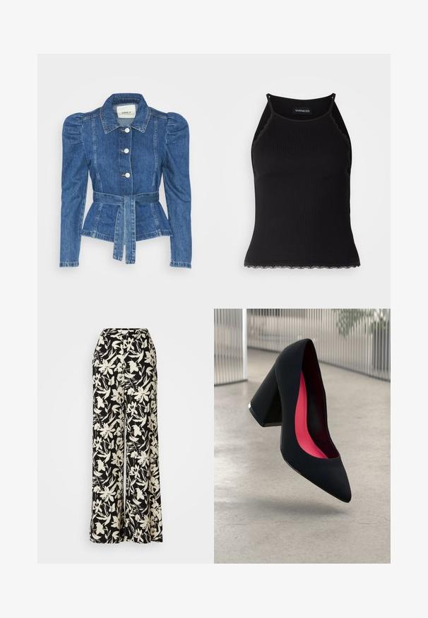 Jeansjacka med midjebälte, åtsittande liv och puffiga axlar. Mellanblå färg, strukturerad design och knäppning fram.; Svart ribbad linne med scallop-mönstrad spetskant i nederkant. Har tunna axelband och en figurnära design. Tillverkad av elastiskt tyg.; Svarta vida byxor med ett vitt blommönster, med hög midja och slät tygtextur. Lämpliga för olika tillfällen.; Svart högklackad sko med spetsig tå, texturerad yta och en livlig rosa inredning. Har en kraftig klack med silverdetaljer.