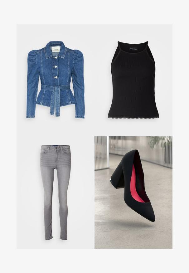 Džinsu jaka ar jostas vidukli, pieguļošu augšdaļu un pūšām plecu daļām. Vidēji zila krāsa, strukturēts dizains un priekšējie pogu aizdarījumi.; Melna ribota topiņa ar izšūtu mežģīņu apdari apakšmalā. Iezīmē plānas siksniņas un pielāgotu piegriezumu. Izgatavota no stiepjama auduma.; Pelēki šaurie džinsi, denima materiāls, piecu kabatu dizains, jostu cilpas, priekšējā pogas aizdare un neliela izbalēšanas raksts uz kājām.; Melna augsta papēža kurpe ar smailu purngalu, teksturētu virsmu un dzīvespriecīgu rozā interjeru. Satur masīlu papēdi ar sudraba akcentu.