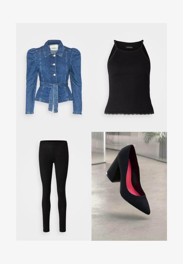 Denim jacket with a belted waist, fitted bodice, and puffed shoulders. Medium blue color, structured design, and front button closures.; Black ribbed tank top with scalloped lace trim at the hem. Features thin straps and a fitted design. Made from stretchable fabric.; Black leggings made of a soft, stretchy fabric. They have a slim fit with an elastic waist and a smooth, matte texture.; Black high heel shoe with a pointed toe, textured surface, and a vibrant pink interior. Features a chunky heel with silver accent.