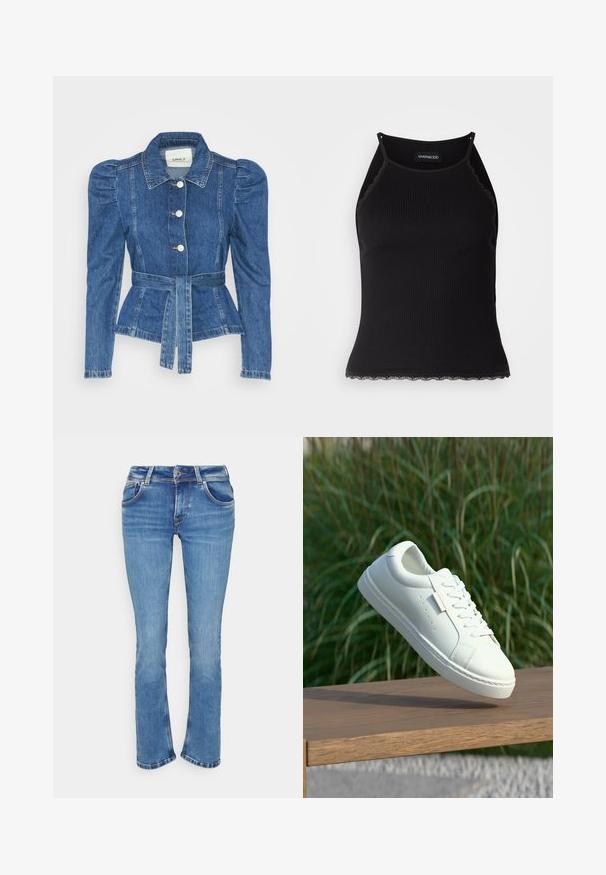 Casaco de ganga com cintura ajustada, corpete justo e ombros bufantes. Cor azul média, design estruturado e fecho frontal por botões.; T-shirt sem mangas preto com acabamento em renda frisada na barra. Apresenta alças finas e um design justo. Feito de um tecido elástico.; Pepe Jeans SATURN - Calças de ganga de perna direita - light blue denim; Anna Field Sapatilhas - white