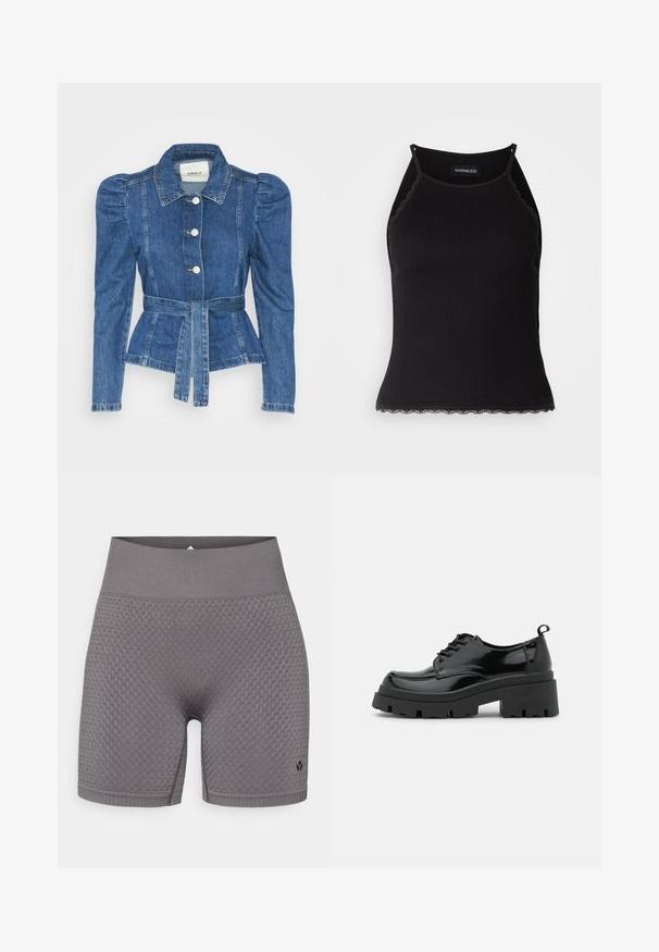 Denim jacket with a belted waist, fitted bodice, and puffed shoulders. Medium blue color, structured design, and front button closures.; Black ribbed tank top with scalloped lace trim at the hem. Features thin straps and a fitted design. Made from stretchable fabric.; Gray textured sport shorts with a wide elastic waistband and a subtle logo on the lower left side. The fabric features a patterned design.; Black patent leather shoes with a chunky platform sole and thick laces. Rounded toe, minimal detailing, and a small heel tab at the back.