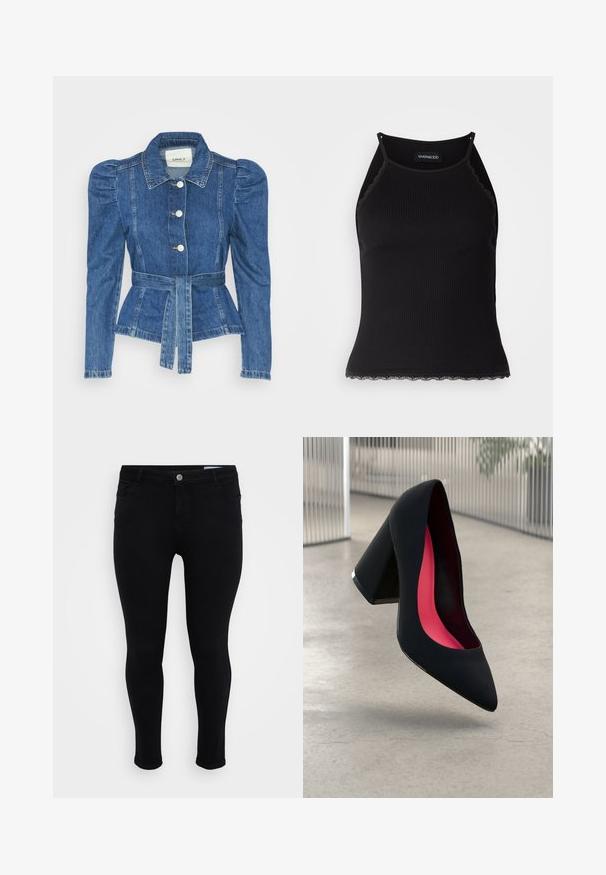 Spijkerjack met een ceintuur in de taille, een getailleerd lijfje en pofmouwen. Middelblauwe kleur, gestructureerd ontwerp en knoopsluitingen aan de voorkant.; Zwarte geribbelde tanktop met een scallooped kanten rand aan de onderkant. Heeft dunne bandjes en een aansluitend ontwerp. Gemaakt van rekbare stof.; Zwarte slim-fit broeken met knoop- en ritssluiting, voor- en achterzakken en riemlussen op een effen witte achtergrond.; Zwarte hoge hak met een spitse neus, textuur op het oppervlak en een opvallend roze interieur. Beschikt over een chunky hak met zilveren accent.