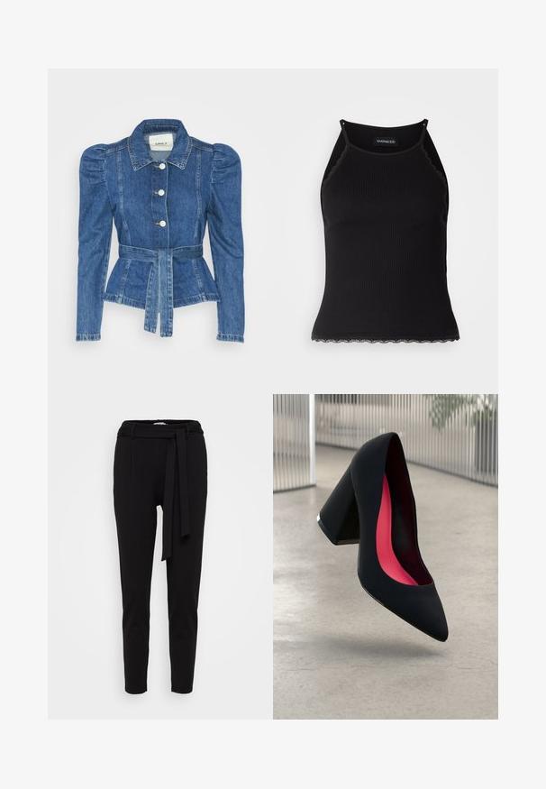 Denim jacket with a belted waist, fitted bodice, and puffed shoulders. Medium blue color, structured design, and front button closures.; Black ribbed tank top with scalloped lace trim at the hem. Features thin straps and a fitted design. Made from stretchable fabric.; Black tapered trousers made of soft fabric, featuring a waistband with a fabric belt and two front pockets. Smooth texture and minimal design.; Black high heel shoe with a pointed toe, textured surface, and a vibrant pink interior. Features a chunky heel with silver accent.