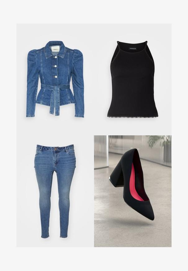 Džínová bunda s opaskom v páse, priliehavým telom a vypúknutými ramenami. Stredne modrá farba, štruktúrovaný dizajn a predné gombíkové zapínanie.; Čierny rebrovaný top bez rukávov so zvlneným čipkovým lemovaním na spodnom leme. Má tenké ramienka a priliehavý strih. Vyrobené z elastického materiálu.; Chudé modré džíny vyrobené z denimu s vyblednutým povrchom. Obsahujú dizajn s piatimi vreckami a zapínanie na gombík v pase.; Čierna lodička na vysokom opätku s špicatou špičkou, štruktúrovaným povrchom a živým ružovým interiérom. Obsahuje robustný opätok so strieborným akcentom.