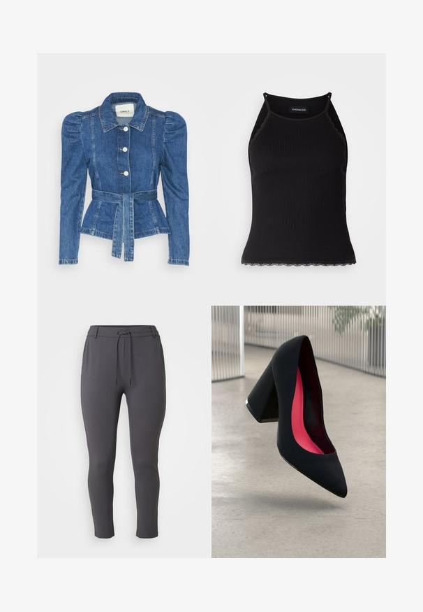 Denimo striukė su dirželiu liemens srityje, prigludusia forma ir pūstomis pečių dalimis. Vidutinio mėlynumo spalva, struktūrizuotas dizainas ir priekiniai mygtukų užsegimai.; Juodas raštuotas marškinėlis be rankovių su banginiu nėriniu apdaila apatine dalimi. Savybės: plonos petnešos ir prigludusi forma. Pagaminta iš tamprios medžiagos.; Pilkos sportinės kelnės su raišteliu juosmens srityje, siaurėjantis pjaustymas, lygus paviršius ir iki kulkšnies ilgio dizainas.; Juodas aukštakulnis batai su smailiu pirštu, su tekstūruota paviršiumi ir ryškiai rožiniu vidumi. Su tiek dideliu kulnu, tiek sidabriniu akcentu.