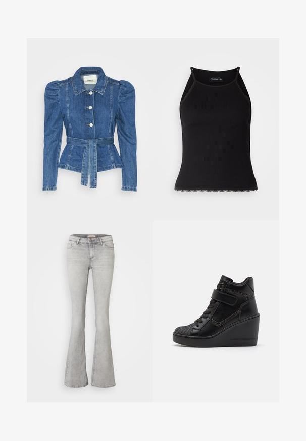 Denimiga jope, mille vöökoht on reguleeritav, kehaosa on kitsas ja õlavarred on puhvaariga. Keskmise sinise värvusega, struktureeritud disain ja ees nupulukud.; Must mustriba top musta servadega äärega. Omab peeneid rihmu ja istuvat disaini. Valmistatud venivast kangast.; Flared hallaka denim teksad, millel on sobiv talje, viie tasku disain ja kerge kulumine. Omavad nööbiga sulgemist ja õmmeldud äärt.; Mustad musta värvusega kõrge kannaga tossud, mis on valmistatud siledast nahast, koos nööridega kinnituse, reguleeritava rihma ja dekoratiivsete tõmblukkudega.