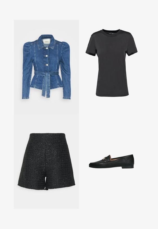 Jeansjacke mit tailliertem Schnitt, fitted Oberteil und gepufften Schultern. Mittelblaue Farbe, strukturierte Form und Frontknopfverschlüsse.; Schwarzes T-Shirt mit kurzen Ärmeln aus glattem Stoff. Verfügt über einen Rundhalsausschnitt ohne sichtbare Muster oder Akzente und bietet ein einfaches Design.; Schwarze gewobene Shorts mit einer strukturierten Oberfläche und einem subtilen Glanz. Merkmale sind eine hohe Taille und eine strukturierte A-Form.; Manfield Slipper - schwarz