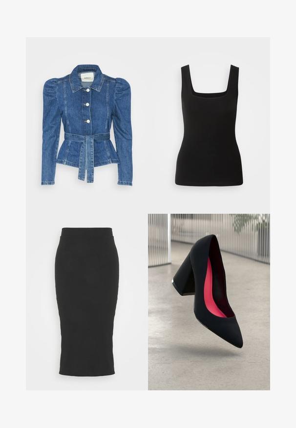 Casaco de ganga com cintura ajustada, corpete justo e ombros bufantes. Cor azul média, design estruturado e fecho frontal por botões.; Camisola preta sem mangas com decote quadrado, feita de um tecido suave; design ajustado sem padrões ou detalhes de metal.; Minimum Saia lápis - black; Sapato de salto alto preto com bico puntiagudo, superfície texturizada e um interior vibrante em rosa. Apresenta um salto grosso com detalhe em prata.