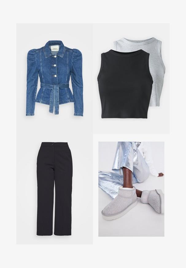 Jeansjacke mit tailliertem Schnitt, fitted Oberteil und gepufften Schultern. Mittelblaue Farbe, strukturierte Form und Frontknopfverschlüsse.; Even&Odd Petite 2 PACK - Top - light grey/black; Schwarze weit geschnittene Hose aus glattem Stoff, mit einem Knopfverschluss und einem klaren, maßgeschneiderten Design ohne sichtbare Taschen.; Graue Wildleder-Ankle-Boots, verziert mit zahlreichen glänzenden Strasssteinen, mit einer weißen Sohle und weichem Innenfutter, kombiniert mit metallisch silbernen Hosen.