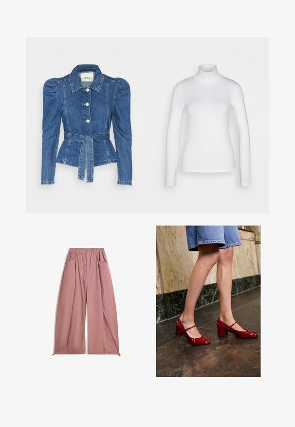 Farmer dzseki övvel a deréknál, testhez simuló fazon és puffos vállakkal. Középkék szín, struktúrált kialakítás és elöl gombos záródás.; Fehér, hosszú ujjú garbó póló, sima, rugalmas anyagból készült. Szoros illeszkedésű és magas gallérral rendelkezik. Nincsenek látható minták vagy díszítések.; Laza szabású, magas derekú nadrág puha rózsaszín anyagból. Jellemzője a rugalmas derékpánt, két oldalsó zseb és sima, texturált felület.; Személy fényes piros Mary Jane blokk sarkú cipőben és kék farmer szoknyában áll egy sötét csempe padlón, közel egy márványfalhoz.
